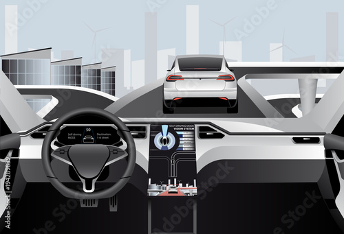Self driving car on a road. Inside view. Vector illustration EPS 10