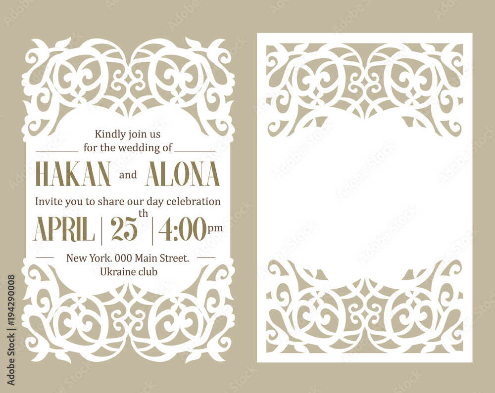 Luxury invite card. Laser cutting white paper on beige background ...