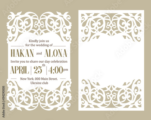 Luxury invite card. Laser cutting white paper on beige background. Floral pattern cut out. Frame with place for wedding text invitation. Trendy elegant template. Edge design lace die. Romantic style