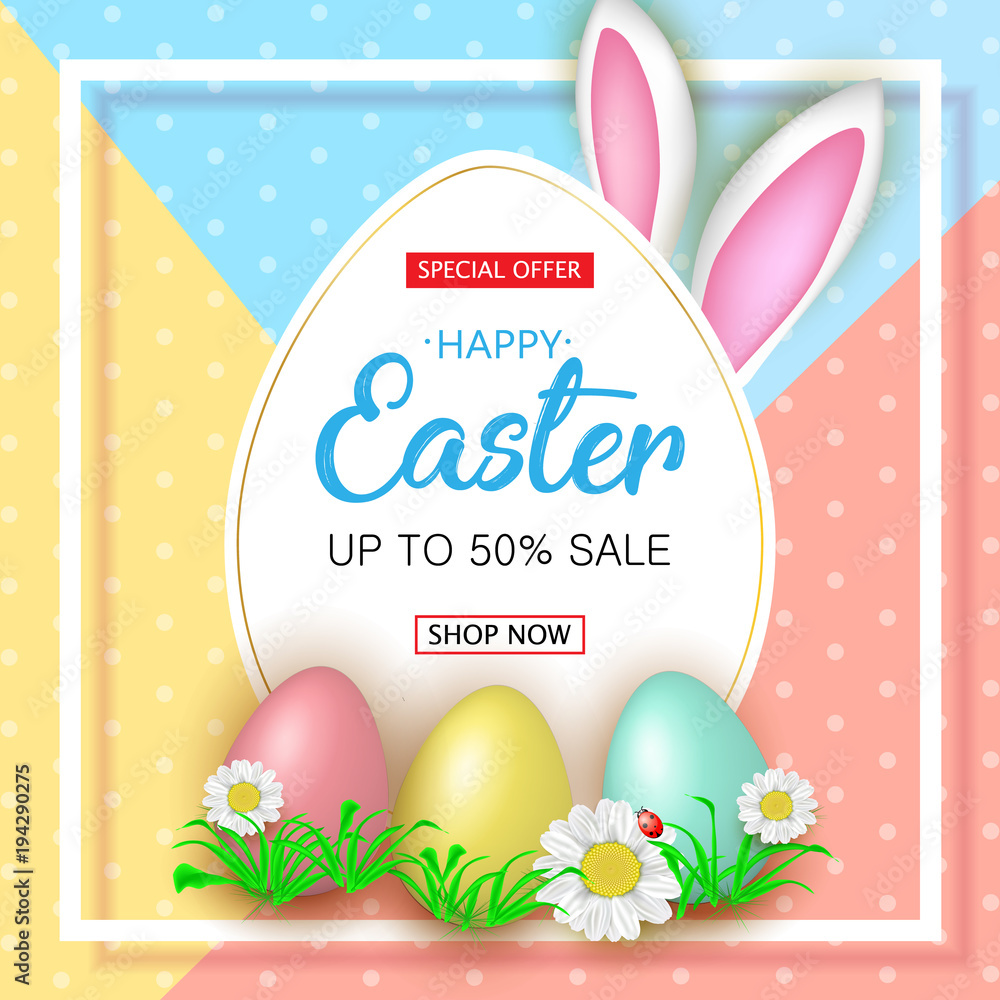 Cute Easter sale banner with flowers, Easter eggs and Rabbit ears on colorfull background. Vector illustration
