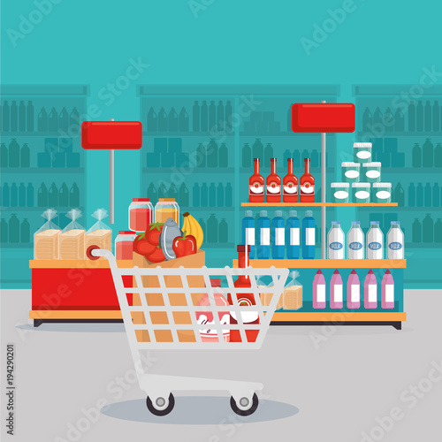 supermarket groceries in shopping cart vector illustration design