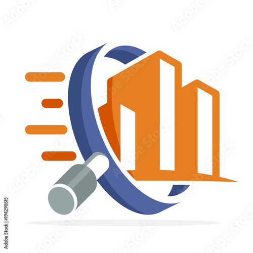 logo icon with search, review, inspection concept, for real estate business, building inspector, illustrated with magnifying glass and building
