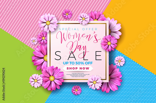 Womens day sale background design with beautiful colorful flower. Vector floral design template for coupon, banner, voucher or promotional poster.