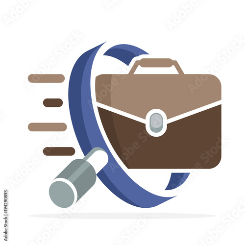 logo icon with job search concept, recruitment. Illustrated with a magnifying glass and an employee briefcase