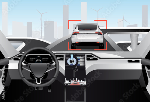Self driving car on a road. Inside view. Vector illustration EPS 10