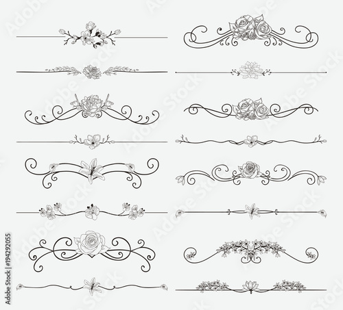 Vector Black Floral Dividers with Flowers and Swirls