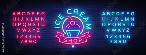 Ice cream shop neon sign. Ice cream shop logo in neon style, symbol, light banner, bright night advertising ice cream, billboard. Design template. Vector illustration. Editing text neon sign