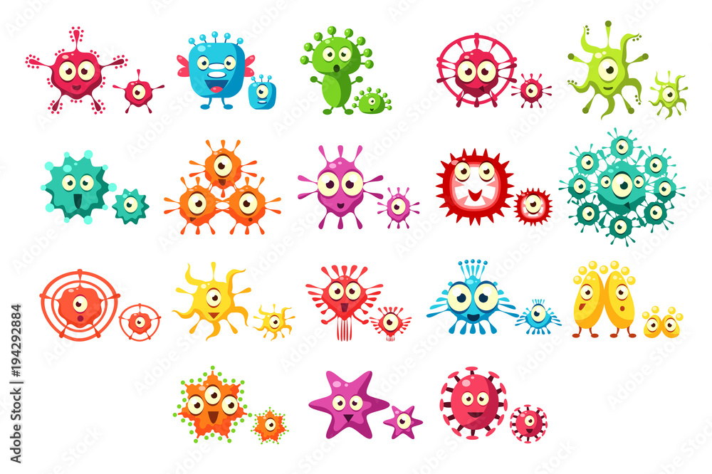 Colorful bacteria cartoon characters set, cute microbes with funny faces  vector Illustrations on a white background Stock Vector | Adobe Stock