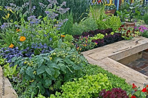 A raised edible vegetable and flower garden in an urban setting
