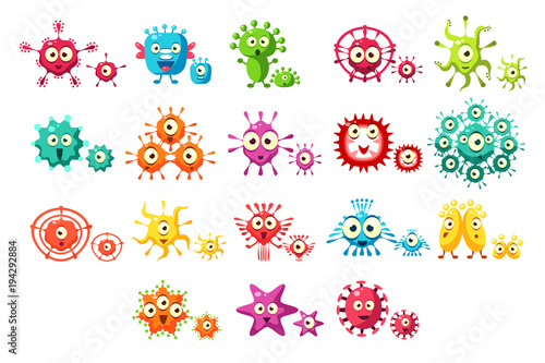 Colorful bacteria cartoon characters set, cute microbes with funny faces vector Illustrations on a white background