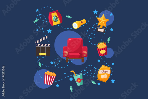 Cinema or movie set, scene, film industry, cinematography concept vector Illustration on a blue background