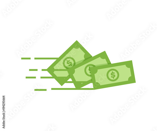 Money vector icon. Bank note Dollar bill flying from sender to receiver. Design illustration for money, wealth, investment and finance concepts