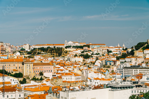 Panoramic View Of Downtown Lisbon Skyline Of The Old Historical City In Portugal