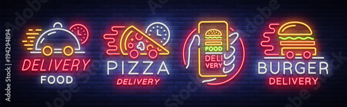 Food delivery set neon signs. Logotype collection in neon style, light banner, bright night advertising for delivery food for restaurant, pizzerias, cafes, dining. Burger, Pizza. Vector illustration