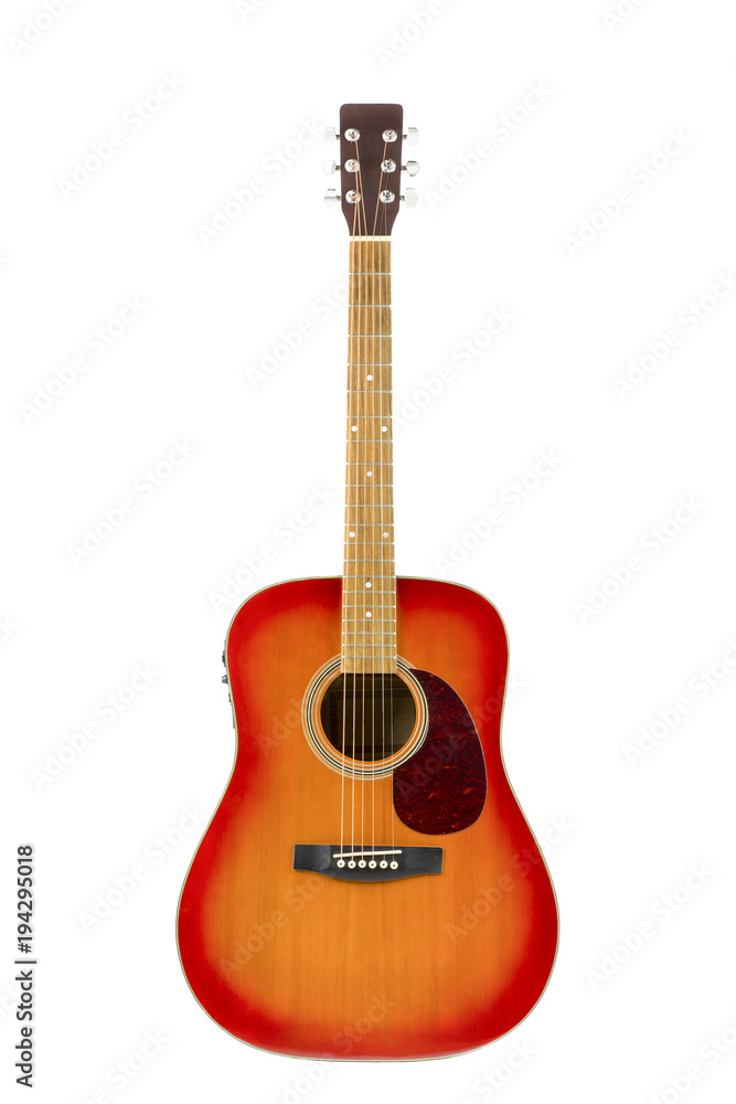 cherry sunburst acoustic guitar in white background / isolated in white portrait of an electrified acoustic guitar