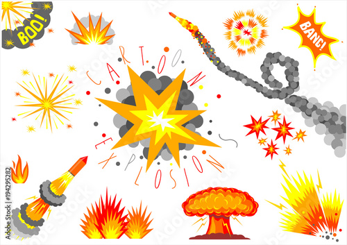 A set of cartoon bomb explosions and fireworks. Caricature. Icons and templates in vector graphic