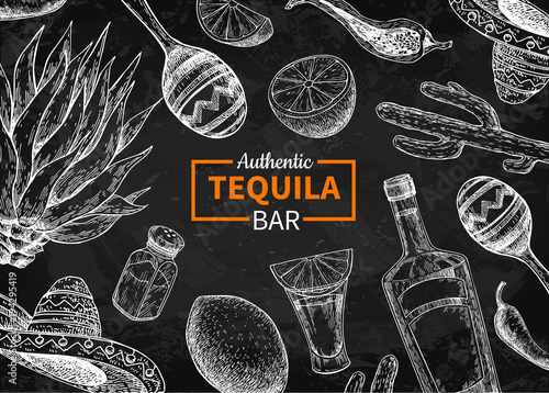 Tequila bar vector blackboard label. Mexican alcohol drink drawi