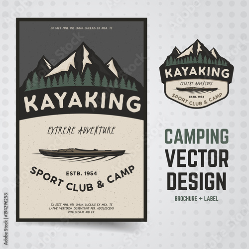 Camping adventure vector. Travel brochure and label. The concept of flyer for your business, presentations, advertising etc. Quality design illustration. Travel brochure flat outdoor style. Kayaking