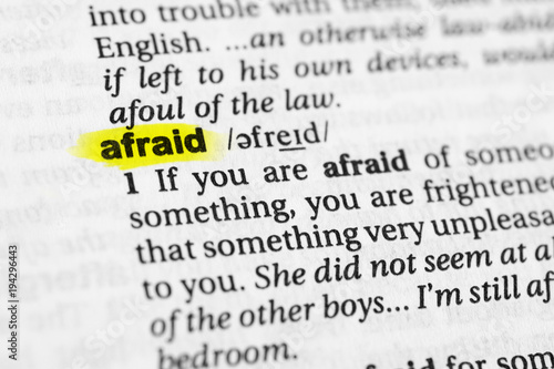 Highlighted English word "afraid" and its definition in the dictionary