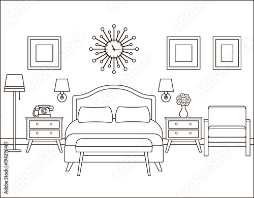 Room interior. Hotel bedroom with bed. Vector. Linear illustration. Retro house in flat design. Vintage apartment. Black white sketch. Coloring page. Outline contour background. Home space in line art