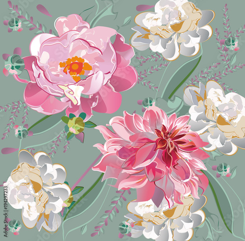 Fototapeta Naklejka Na Ścianę i Meble -  Series of greeting backgrounds with summer and spring flowers. Floral decorations with peonies, roses and dahlias. Vector illustration. 