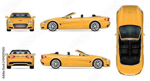 Car vector mock-up. Isolated template of cabriolet car on white. Vehicle branding mockup. Side, front, back, top view. All elements in the groups on separate layers. Easy to edit and recolor.