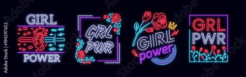 Rock print and slogan vector. Collection Girl T-shirt prints or other purposes. A symbol of feminism for printing in a neon style. Neon sign Retro style. Women's fashion slogan