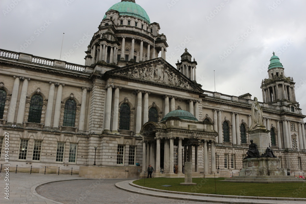 Beautiful Picture of City Hall in Belfast Northern Ireland, with a gloomy sky and dark clouds
