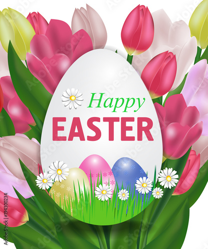 Happy Easter with tulips poster in the shape of an egg with paschal eggs. Vector