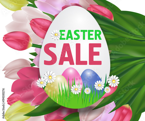 Easter sale with tulips poster in the shape of an egg with paschal eggs. Vector