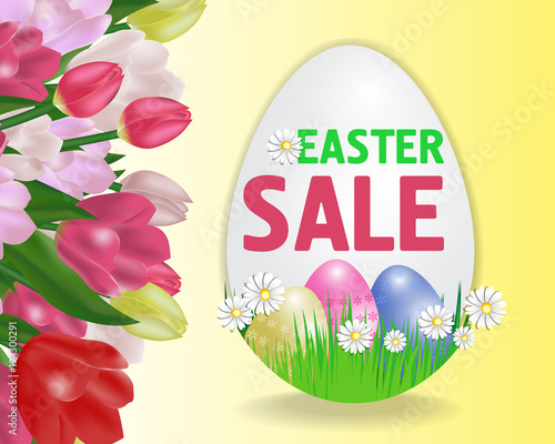 Easter sale with tulips poster in the shape of an egg with paschal eggs. Vector