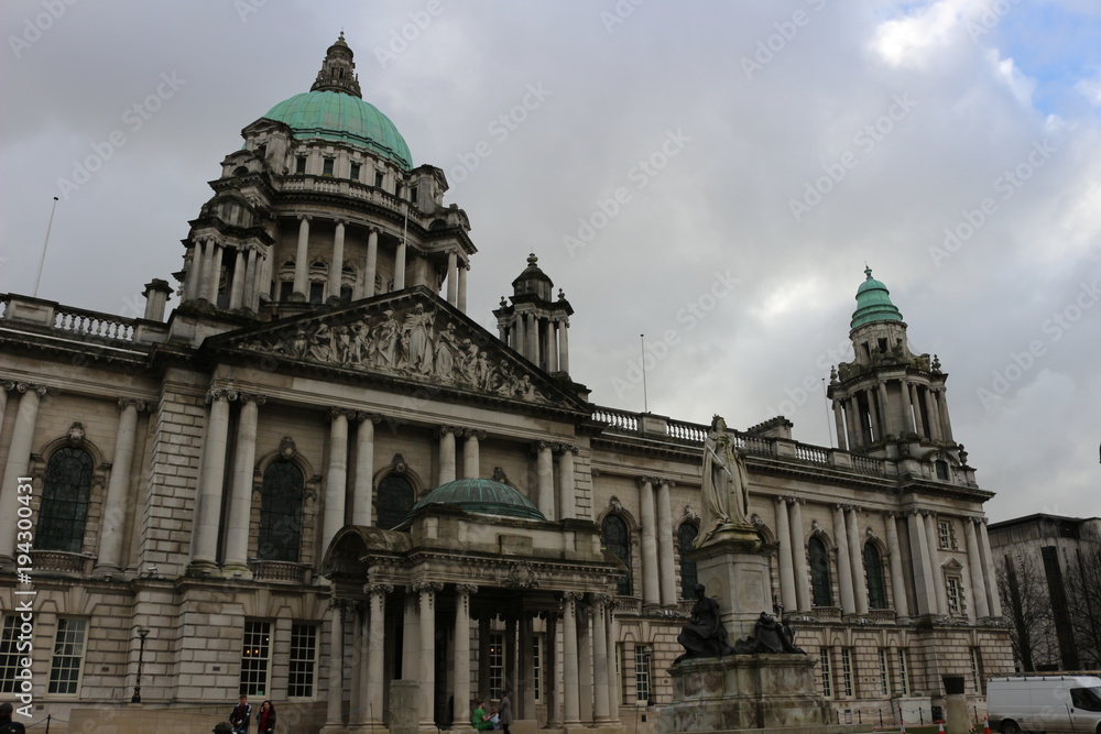 Beautiful Picture of City Hall in Belfast Northern Ireland, with a gloomy sky and dark clouds