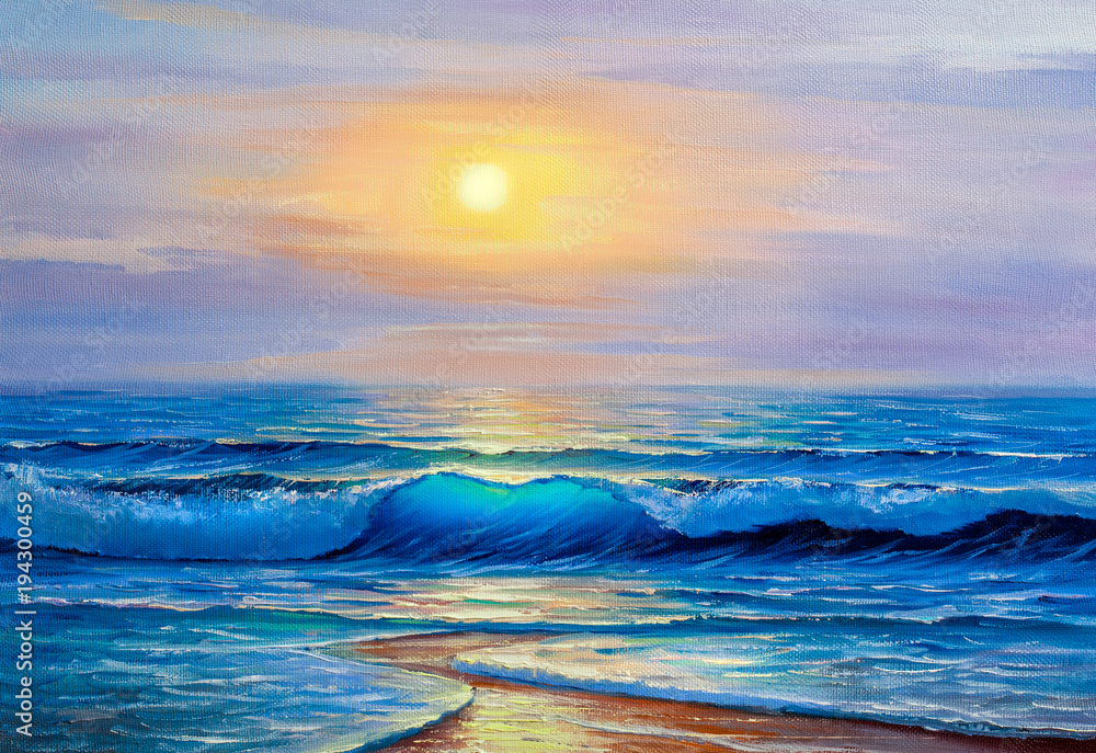 Obraz premium Morning on sea, wave, illustration, oil painting.