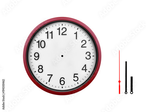 Red wall clock isolated on a white background.