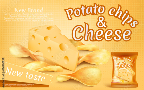 Vector promotion banner with realistic potato chips and piece of cheese, high-calorie meal, foil package with crispy salted snacks on yellow background. Mockup for brand advertising, packaging design