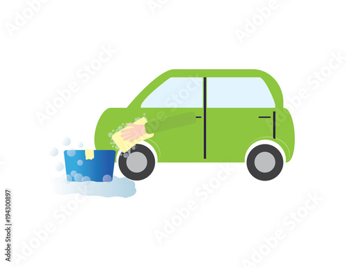 Car wash vector illustration. Green car and blue bucket