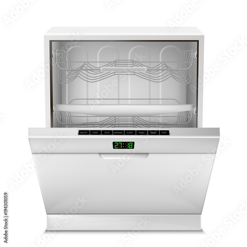 Vector 3d realistic empty dishwasher machine with digital display, with open door, front view isolated on background. Modern household appliance for washing dishes, with control panel, timer, buttons