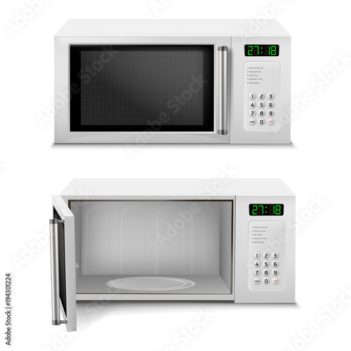 Vector 3d realistic microwave oven with digital display, front view, with open and close door isolated on background. Household appliance to heat and defrost food, for cooking, with timer and buttons