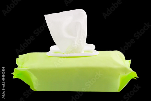 Wet wipes in package box on black background, with clipping path.