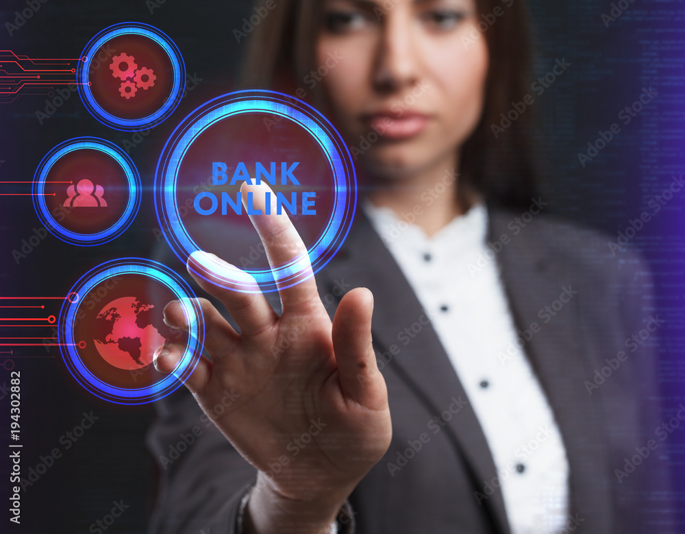The concept of business, technology, the Internet and the network. A young entrepreneur working on a virtual screen of the future and sees the inscription: Bank online