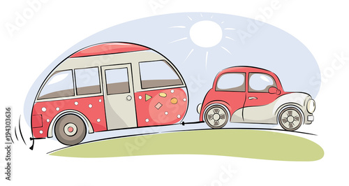 Summer travel in a house on wheels / Funny pink retro car with camping ride on a trip, vector illustration