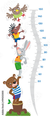 Meter wall or height chart with funny animals