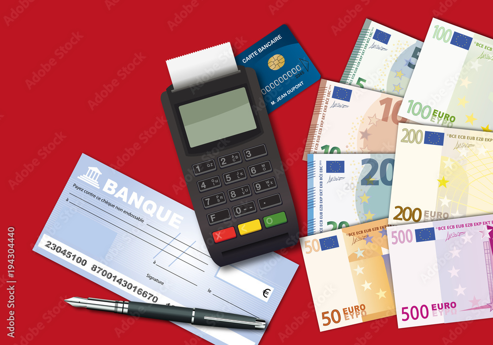 Vecteur Stock argent - carte bleue - carte de crédit - billet de banque -  chèque - monnaie - carte bancaire