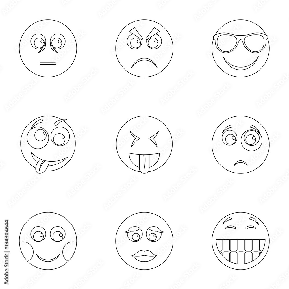 Facial animation icons set. Outline set of 9 facial animation vector icons for web isolated on white background Facial animation icons set. Outline set of 9 facial animation vector icons for web isolated on white background
