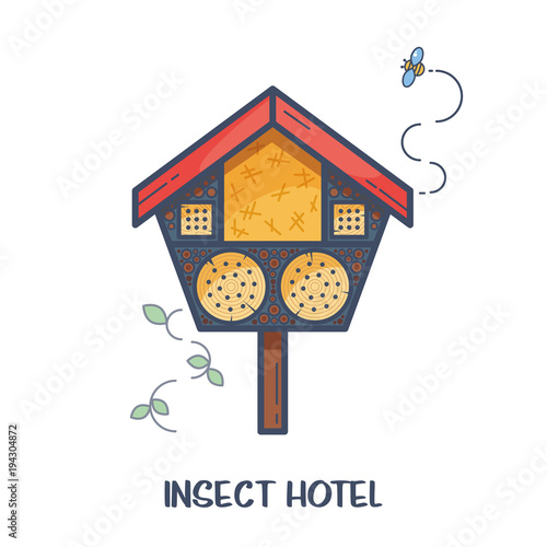 Insect hotel - decorated wood house with compartments and natural components. Home for garden useful pests like ladybugs, bees, butterflies, spiders. Vector illustration, flat style isolated on white