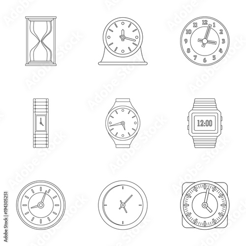Timekeeper icons set. Outline set of 9 timekeeper vector icons for web isolated on white background