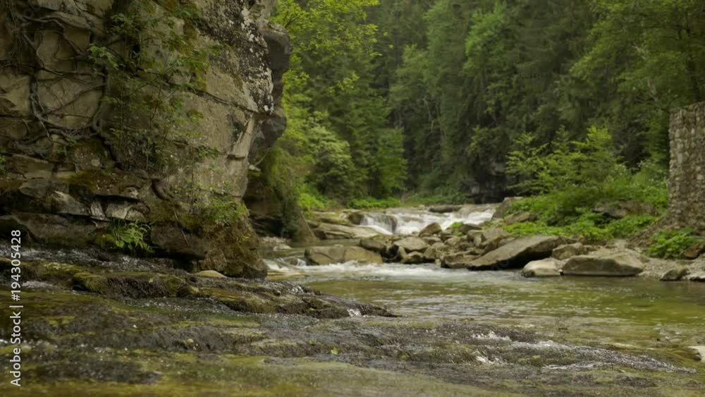 Sliding video of a rapid mountain river with cascades in forest canyon