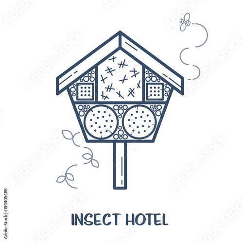 Insect hotel - decorated wood house with compartments and natural components. Home for garden useful pests like ladybugs, bees, butterflies, spiders. Vector illustration, flat style isolated on white