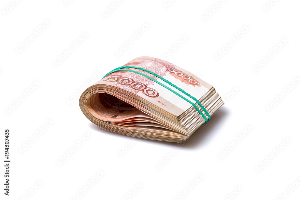 Pack of five thousand roubles banknotes isolated on white background Pack of five thousand roubles banknotes isolated on white background