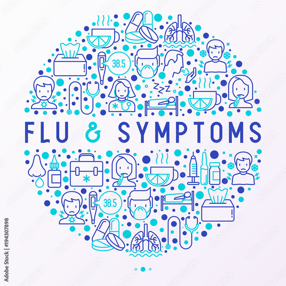 Flu and symptoms concept in circle thin line icons: temperature, chills, heat, runny nose, bed rest, pills, doctor with stethoscope, nasal drops, cough, phlegm in the lungs. Vector illustration.
